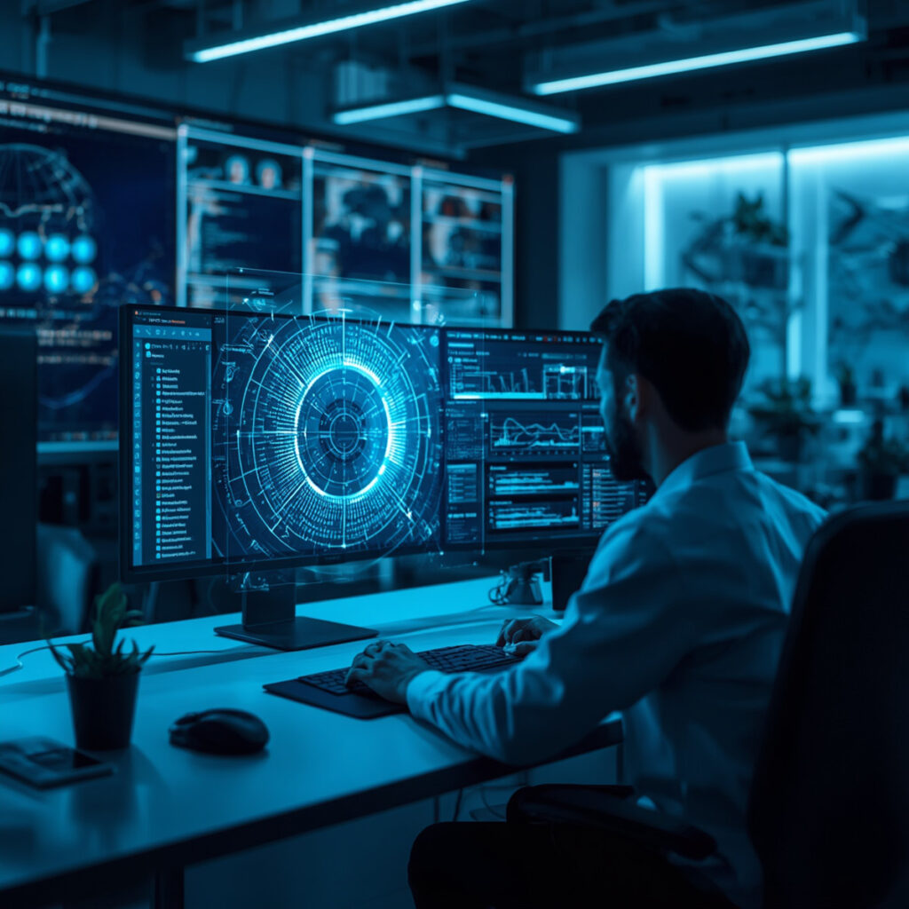 Desenvolvedor web utilizando inteligência artificial para acelerar a criação de sites modernos, rápidos e otimizados para SEO.